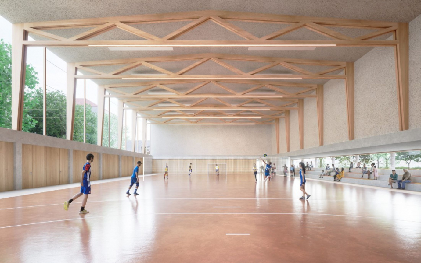 Perspective intérieure, salle omnisport - LE PENHUEL ARCHITECTE